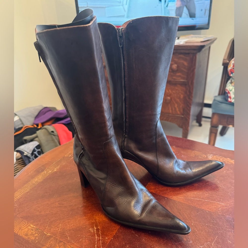 Brown leather mid-calf boots